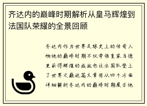 齐达内的巅峰时期解析从皇马辉煌到法国队荣耀的全景回顾