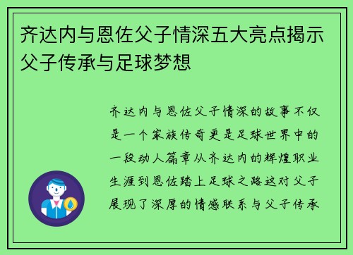 齐达内与恩佐父子情深五大亮点揭示父子传承与足球梦想